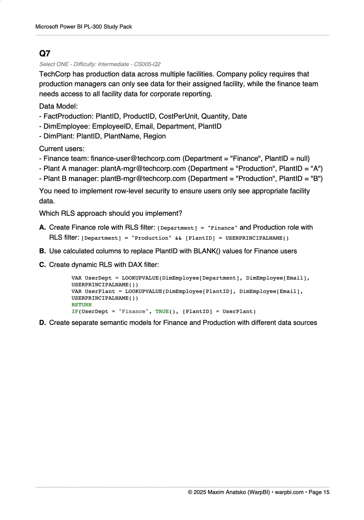 DAX Calculation Scenarios sample question